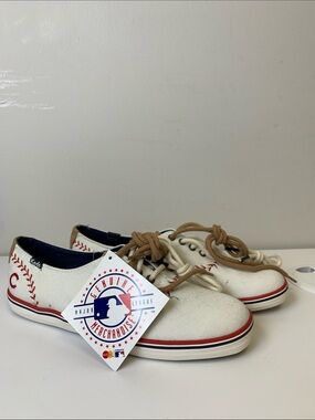 Keds White Chicago Cubs Canvas Sneakers with Red Stitching and Tan Laces